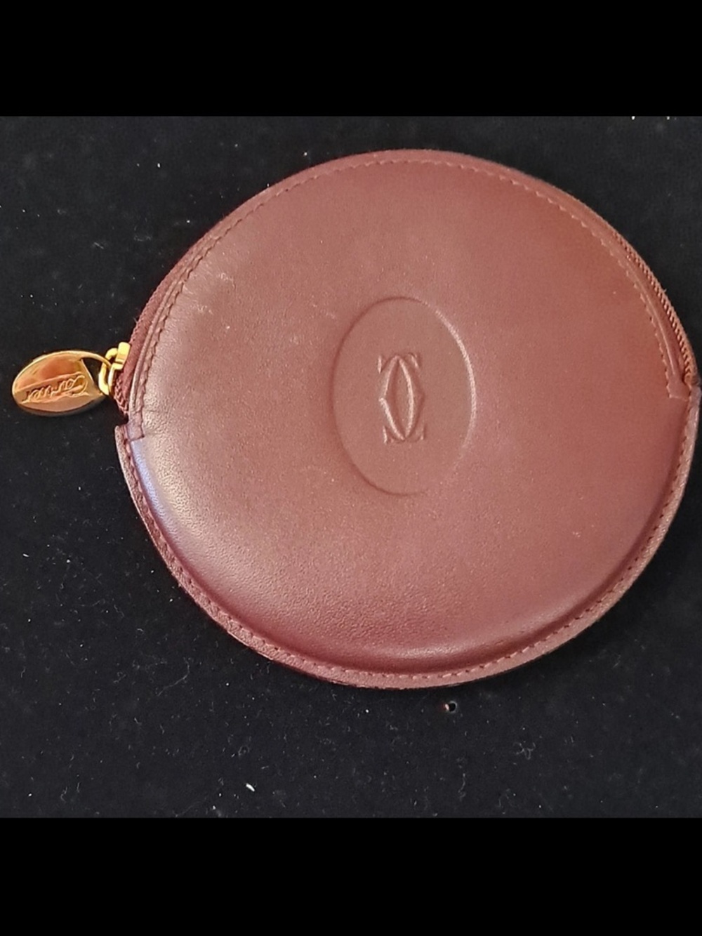 Cartier Brown Leather Round Coin Pouch with Gold Zip Pull